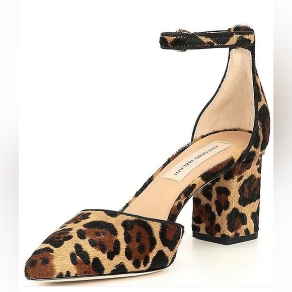 Antonio Melani animal print calf hair pointed toe block heel ankle strap shoes 8 - Picture 1 of 10